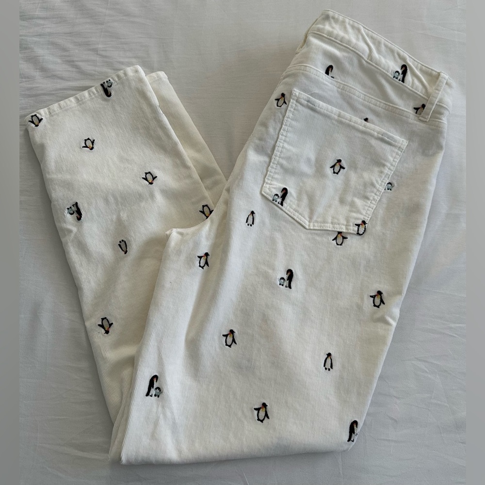 VELVETEEN STRAIGHT LEG PANTS - EMBROIDERED PENGUINS